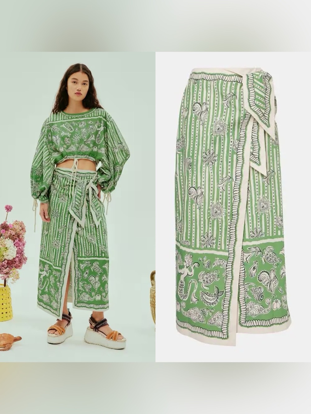 Alemais Lula Sarong Wrap Midi Skirt Green White Organic Cotton 4